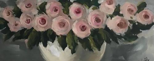 Bowl of roses( 420 x 1000) Lofty. Acrylic on canvas.