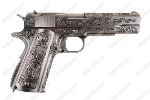 WE Colt 1911 Special Etched Version Full Metal Green Gas Pistol - Silver