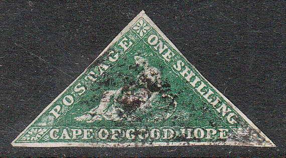 CGH 1855 TRIANGULARS 1/- DEEP DARK GREEN SACC 8b USED, MARGINS AS PER SCAN. C/V R6000