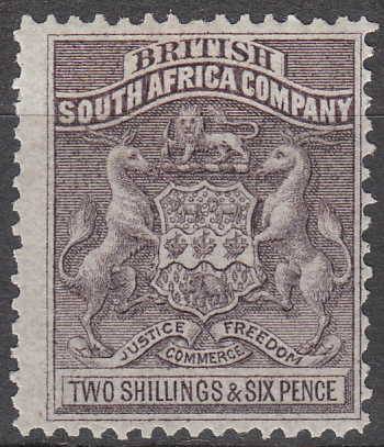 RHODESIA 1892 ARMS 2/6d GREY-PURPLE SACC 6 FINE LMM. C/V R350