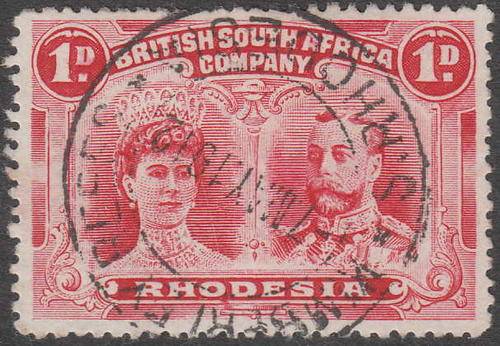 RHODESIA DOUBLE HEADS 1d PERF 131/2 WITH "OD" FLAW FINE USED. SACC 183a CAT R1400
