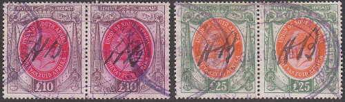 UNION 1913 REVENUES 10 POUND AND 25 POUND FINE USED PAIRS WITH EXCELLENT COLOURS C/V R1500 SEE BELOW