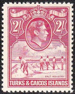 TURKS AND CAICOS ISLANDS 1938 KGVI 2/- DEEP ROSE-CARMINE VERY FINE MNH. SG 203 C/V R800