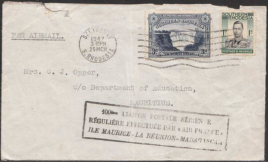 1947 COVER S RHODESIA TO MAURITIUS WITH SPECIAL MAURITIUS - LA REUNION - MADAGASCAR FLIGHT CACHET