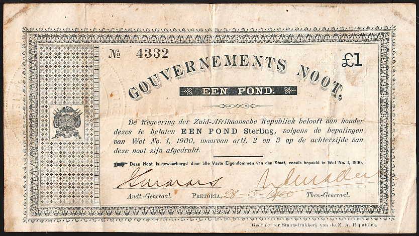 ZAR 28 MAY 1900 EEN POND ONE POUND GOUVERNEMENTS NOOT. CONDITION AS PER SCANS