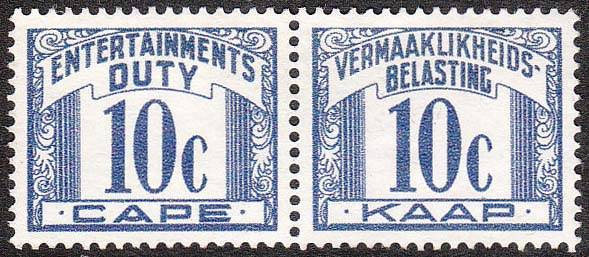UNION - CAPE 1961 ENTERTAINMENTS TAX 10c BILINGUAL PAIR VERY FINE WITHOUT GUM. SCARCE