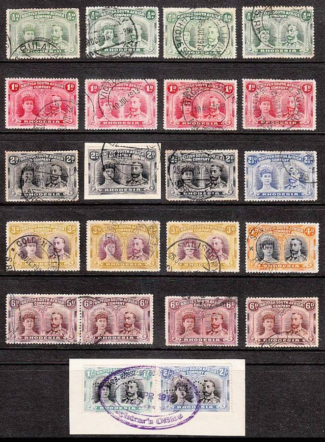 RHODESIA 1910 DOUBLE HEADS USED ASSORTMENT WITH VARIOUS VALUES TO 2s. AVERAGE CONDITION