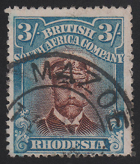 RHODESIA 1913 ADMIRALS DIE II PERF 15 THE SCARCE 3s CHOCOLATE AND BLUE FINE USED. SACC 250 R7000