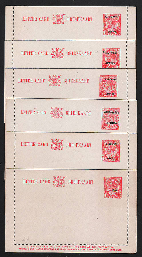 SOUTH WEST AFRICA 1923-28 SELECTION OF OVERPRINTED UNION LETTER CARDS UNUSED