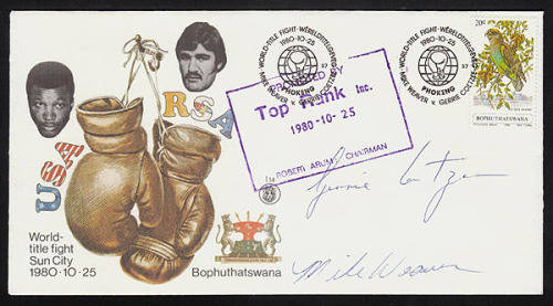 SOUTH AFRICA 1980 BOXING COVER SIGNED BY GERRY COETZE AND MIKE WEAVER WORLD TITLE FIGHT SUN CITY