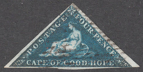 CAPE OF GOOD HOPE 1855 TRIANGULARS 4d DEEP BLUE SHADE USED WITH NEARLY FULL MARINS. SACC 6 CAT R1300