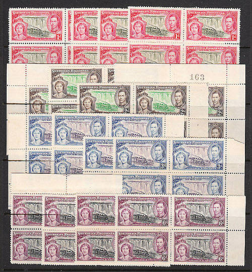 S RHODESIA 1937 CORONATION CLEARANCE LOT 4 SETS IN BLOCKS OF 4 VERY FINE MNH SACC 38-41