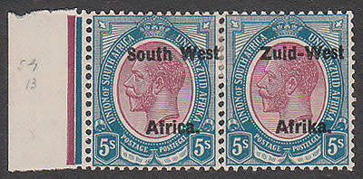 SOUTH WEST AFRICA 1923 KGV TYPE II HYPHENATED 5s PURPLE AND BLUE SPLIT PAIR MINT. SACC 13 (R5500)