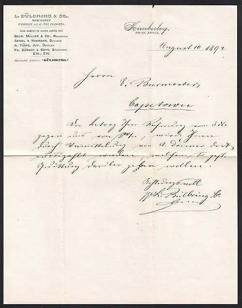 CAPE OF GOOD HOPE 1892 BURMESTER CORRESPONDENCE WITH CONTENT EX KIMBERLEY TO CAPE TOWN