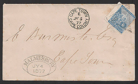 CAPE OF GOOD HOPE 1877 COVER WITH FINE MALMESBURY DATED TOWN OVAL CANCEL TO CAPE TOWN