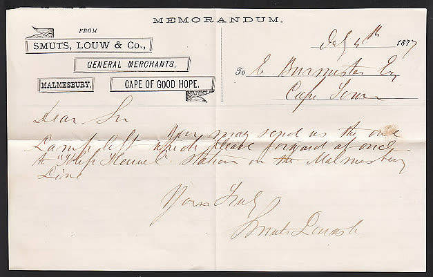 CAPE OF GOOD HOPE 1877 COVER WITH FINE MALMESBURY DATED TOWN OVAL CANCEL TO CAPE TOWN