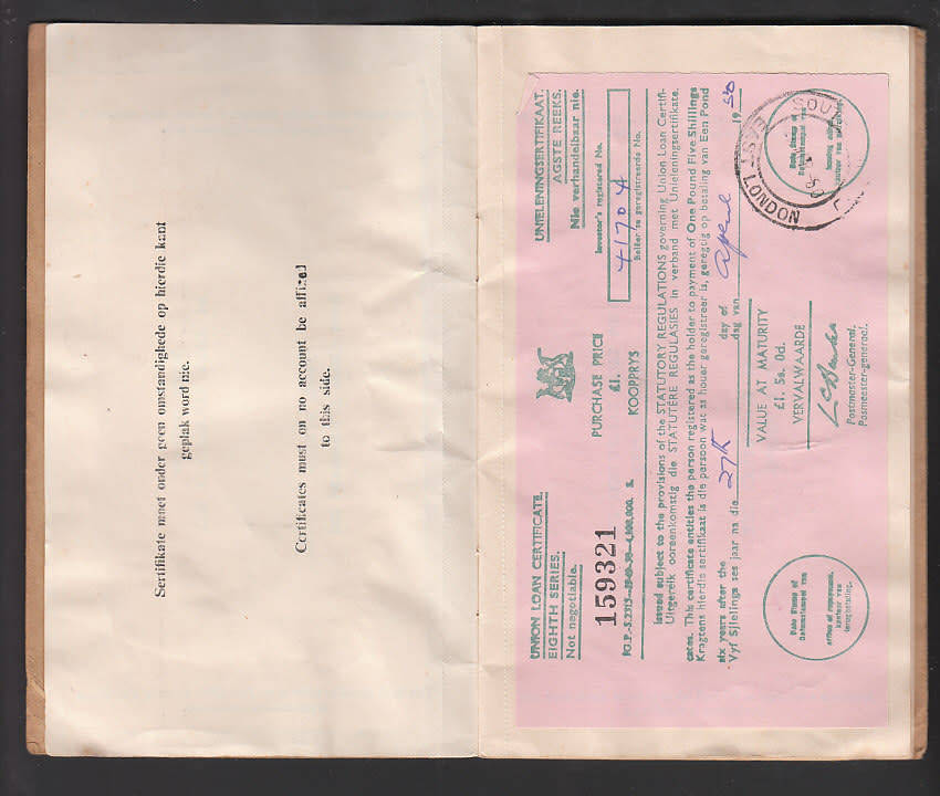 SOUTH AFRICA 1950 UNION LOAN CERTIFICATES BOOKLET COMPLETE WITH FOUR PAGES WITH CERTIFICATES. SCARCE