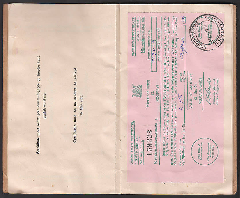 SOUTH AFRICA 1950 UNION LOAN CERTIFICATES BOOKLET COMPLETE WITH FOUR PAGES WITH CERTIFICATES. SCARCE