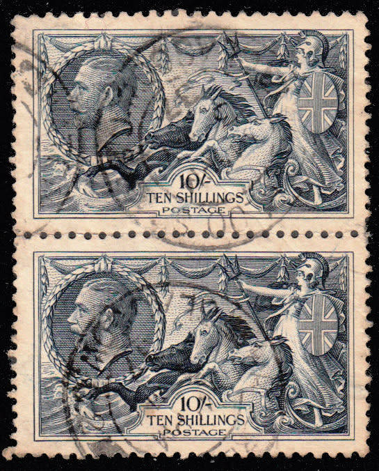 GB 1934 RE-ENGRAVED SEAHORES 10s INDOGO PAIR USED WITH VERY NICE POSTMARK. SG 427 £ 160 SEE BELOW