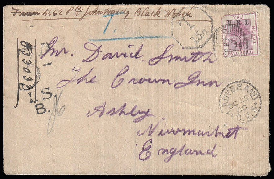 BOER WAR 1900 OFS FRANKED 1d WITH LADYBRAND NUMERAL CANCEL 17 PROVING COVER ADDRESSED TO UK. TAXED