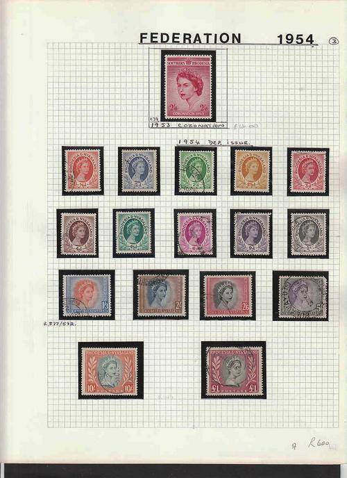 RHODESIA NYASALAND 1953-60 USED PLUS MINT RANGE ON ALBUM PAGES. CAT R850