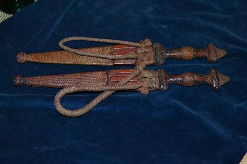 PAIR OF VINTAGE LEATHER SHEATHED KNIVES/DAGGERS POSSIBLY MADINGO