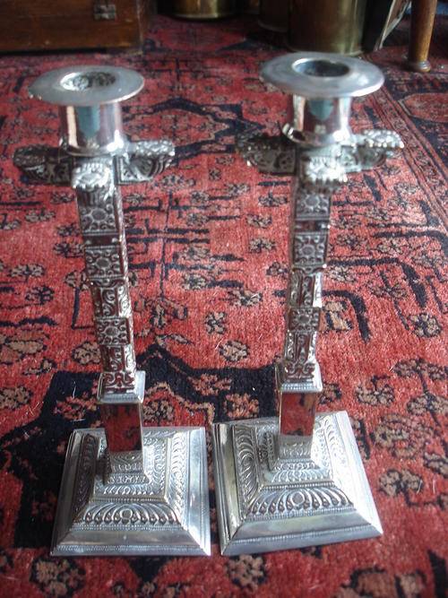 UNUSUAL VINTAGE SILVER PLATED CANDLESTICKS