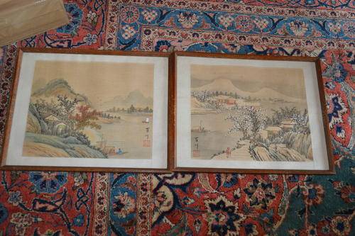 PAIR WOODEN FRAMED JAPANESE SILK PAINTINGS SIGNED