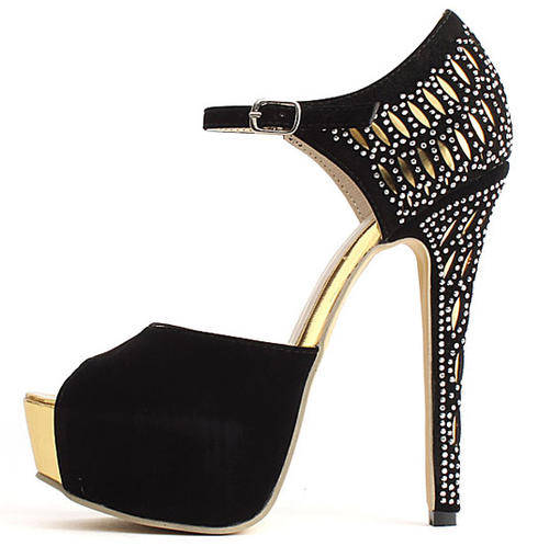 Beautiful ladies peep toe  sandals with gold platform and gold and black design detail down the heel