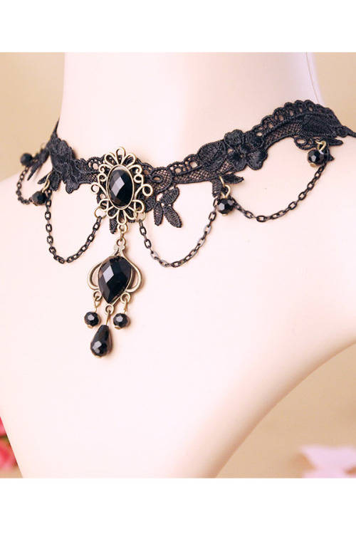 Black Rhinestone Accent Lace Chain Necklace - Handmade