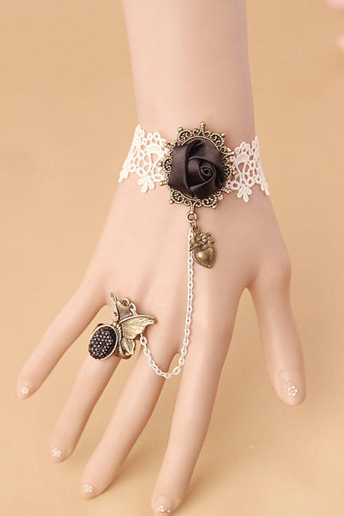 Black Rose Accent Crochet Ring Bracelet - Handmade