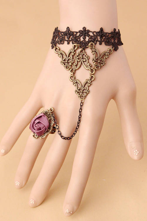 Black Lace Rose Ring Bracelet - Handmade