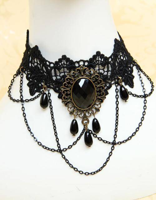 Gothic Black Beaded Pendant Lace Choker - Handmade