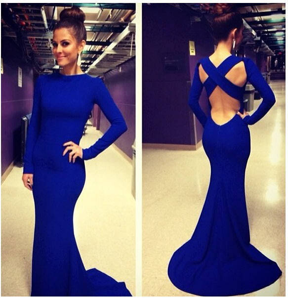 Royal Blue Long Sleeve Criss Cross Back Evening Dress - LOCAL STOCK