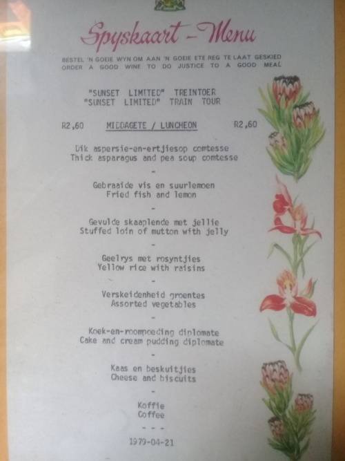 SAR Dining Car Menu