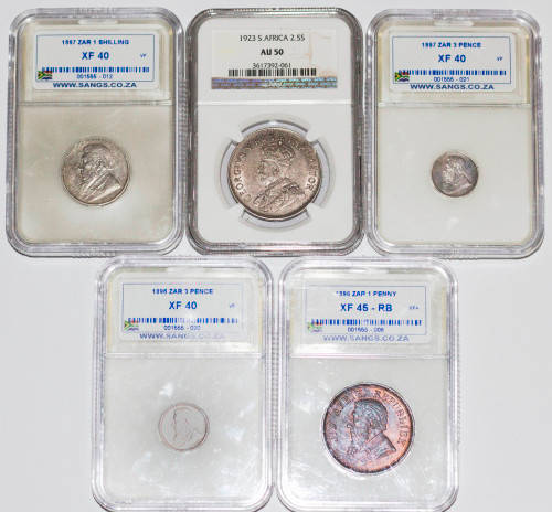 LOT of 5 graded & 1 ungraded ZAR/Union Coins. Total Hearns value: R10000+