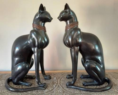 Stunning Pair of Bronze Cat Statues (c.1930) by Artist A. Tiot