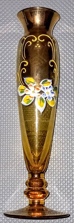 Vintage My Lady Handmade Japan, Amber Glass with Gold Trim Posy Vase. 18cm Tall. No damage