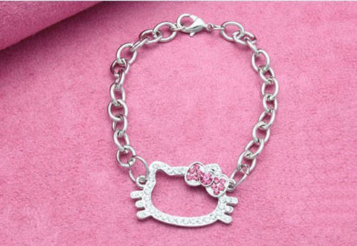 HELLO KITTY BRACELET WITH A-GRADE CLEAR & PINK RHINESTONES