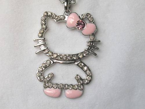HELLO KITTY PENDANT NECKLACE WITH A-GRADE CLEAR RHINESTONES & PINK ENAMEL