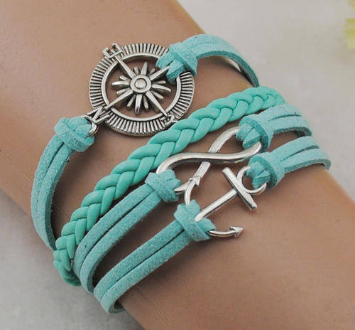 Infinity, Compass, Anchor, Antique Silver Korea Velvet Leather Bracelet
