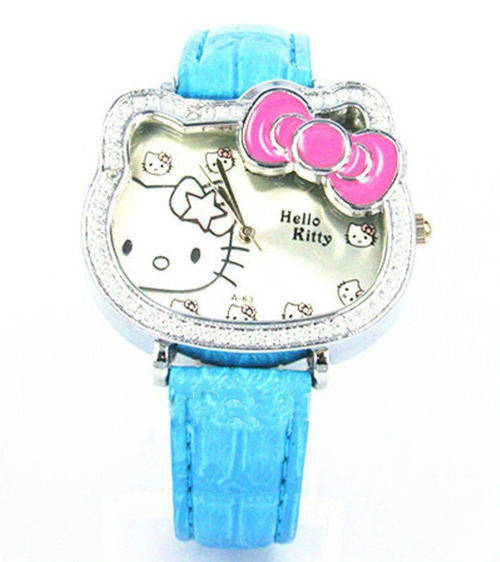 HELLO KITTY "RIBBON" WATCH WITH A-GRADE CLEAR RHINESTONES & PU LEATHER STRAP - LIGHT BLUE