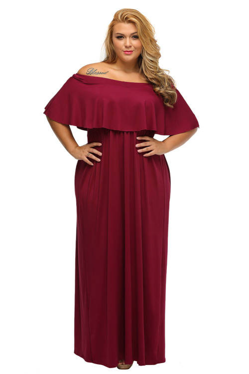 ***PLUS SIZE*** SEXY BURGUNDY OFF SHOULDER RUFFLE MAXI DRESS FORMAL EVENING WEAR - XL/3XL