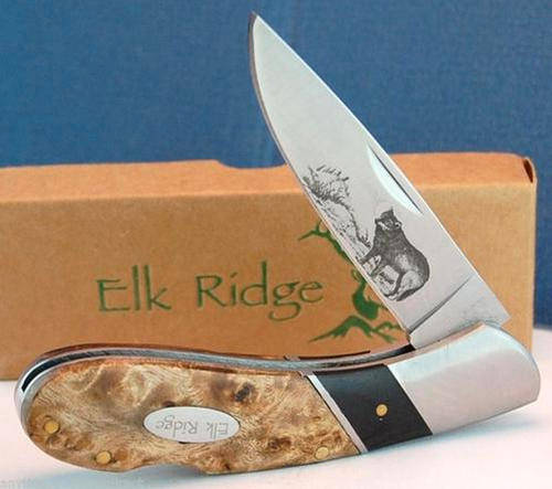Elk Ridge Burlwood Pocket Knife Wolf 440 NIB Lockback