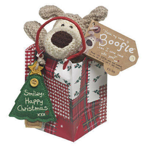 3" Sitting Boofle in paper bag with green "smiley, happy Christmas" tree tag on handle