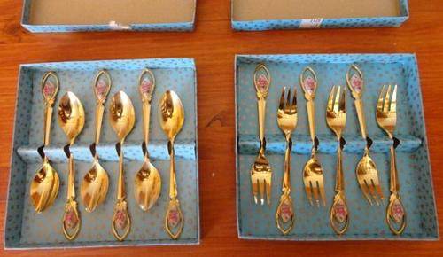 6 X TEASPOONS AND 6 X CAKE FORKS GOLD PLATED