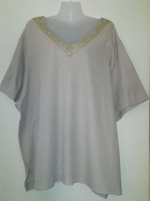 Beige T Shirt Top with Sequin and Embroidery Trim by Donna Claire XXL