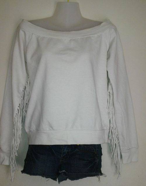 Cream Scooped Neck Sweatshirt with Fringe / Tassle Trim  Size Medium.  DIY Cowgirl Costume