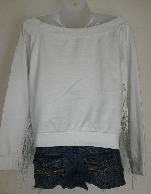 Cream Scooped Neck Sweatshirt with Fringe / Tassle Trim  Size Medium.  DIY Cowgirl Costume