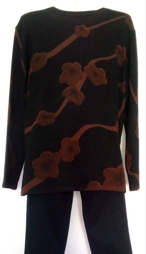 Classy Black Sweater with Brown Flower Motif Size Large